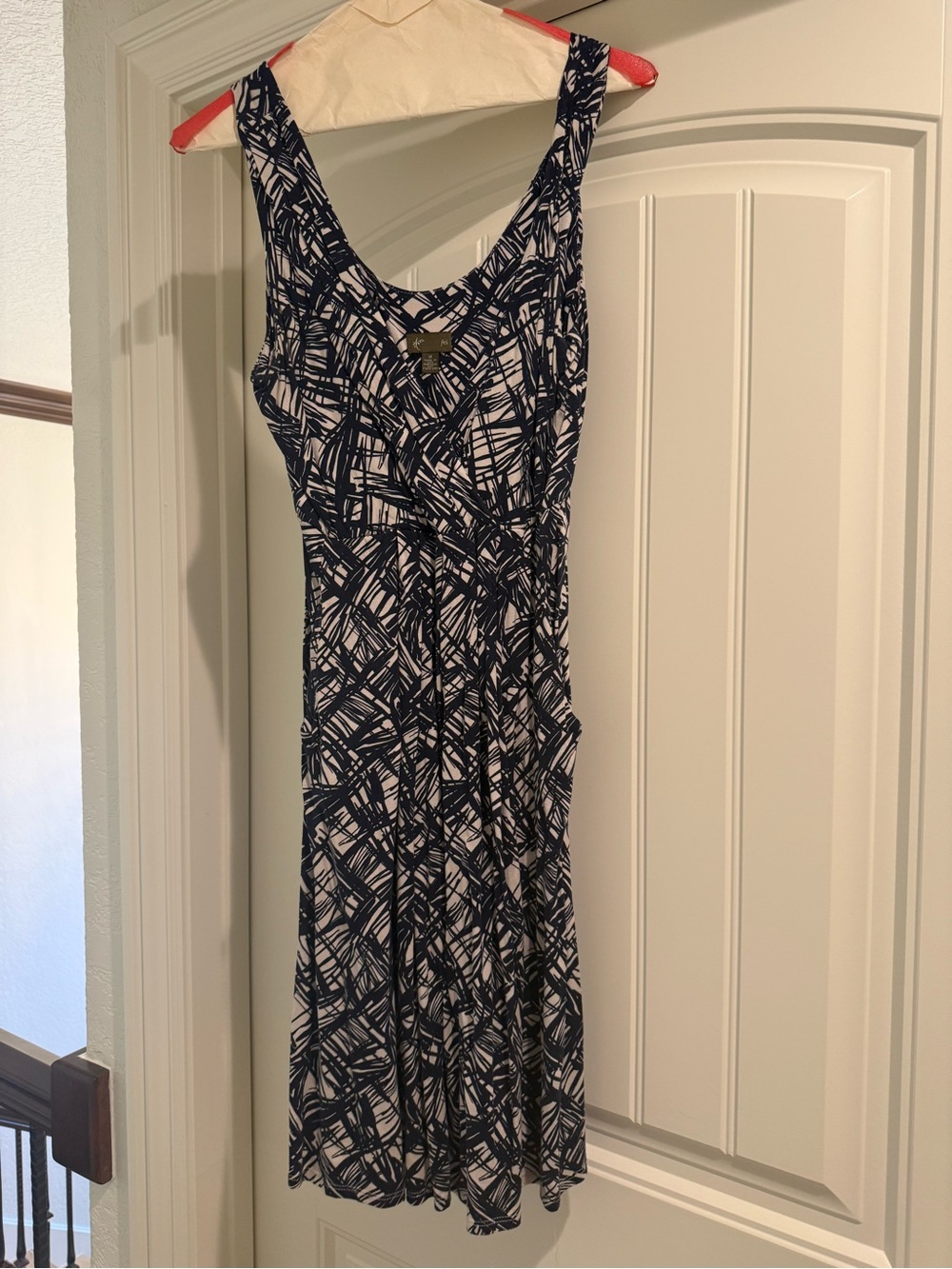Sleeveless Navy and White Patterned Midi Dress